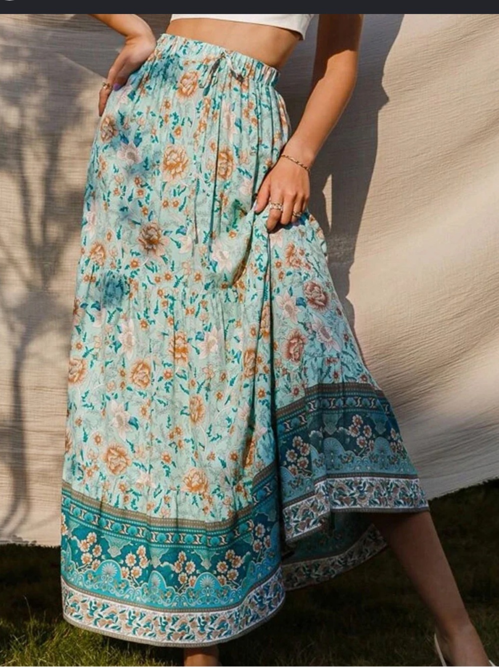 BloomChic Aqua Floral Tiered Maxi Skirt